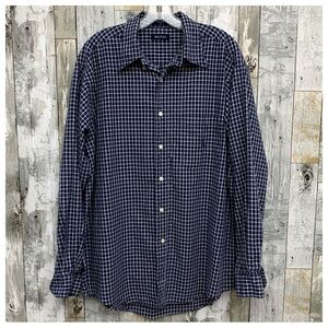 #02 Nautica Navy Blue White Plaid Check Collared Button Down Shirt Top Large